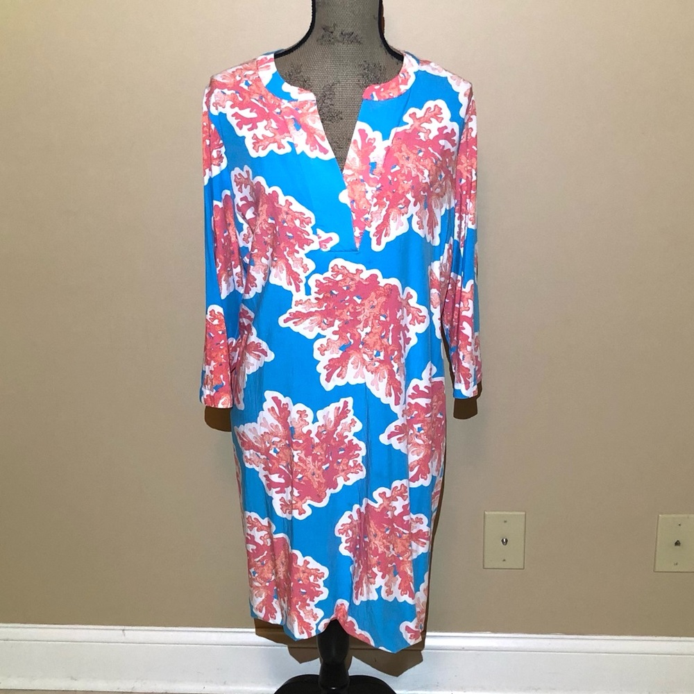 Crown & Ivy Woman Blue & Orange Coral Motif Dress. Plus Size XXL or 1X